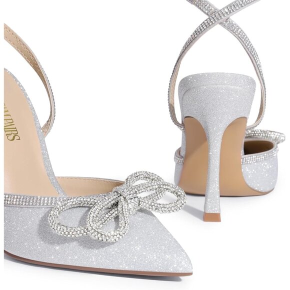 🆕 Women Silver Ankle Strap Sparkly Bow Shine Star Wrap-Around High-Heel Pumps - Picture 6 of 8